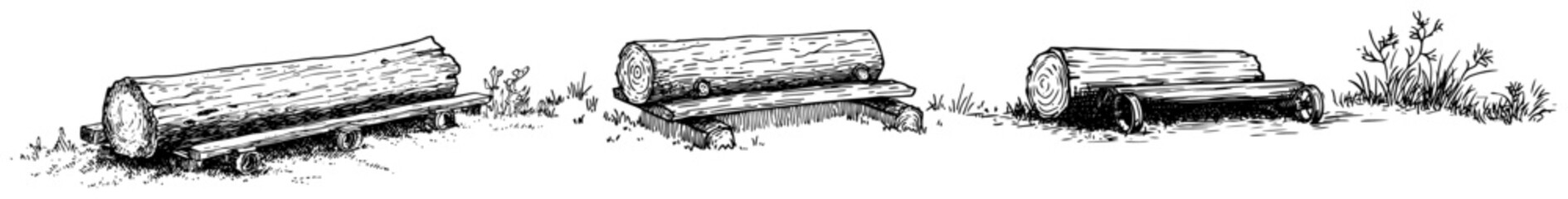 Obraz premium Rustic log benches for garden or park seating in hand drawn vintage sketch style