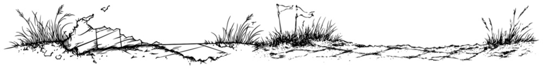 Natural landscape horizon with tall grass and flags in minimalist panorama sketch style © Kaz