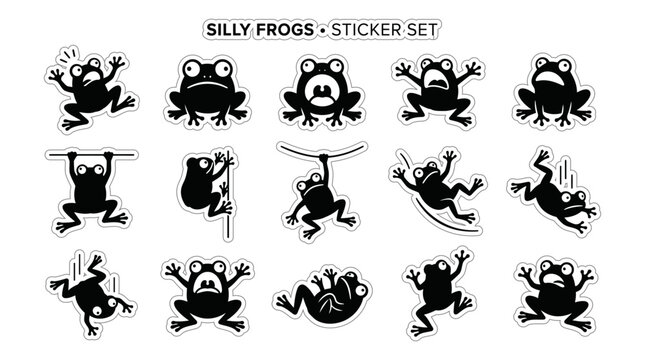 Minimalist Silly Frog Silhouette Icon Set Vector Sticker Sheet