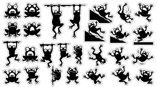 Minimalist Silly Frog Silhouette Icon Set Vector Sticker Sheet