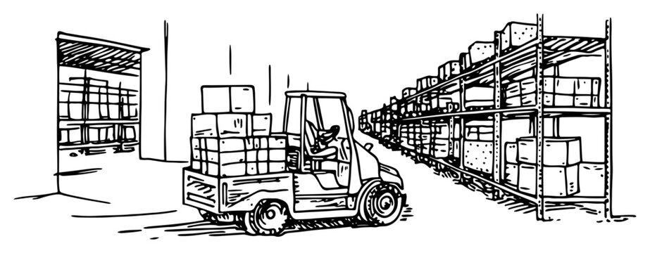 Forklift vehicle moving boxes between storage shelves in warehouse interior sketch style