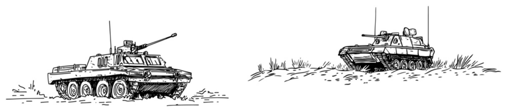Military tanks and armored vehicles on terrain in vintage engraving style