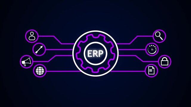 futuristic enterprise resource planning systems dashboard. gear with business icon animation. ERP 