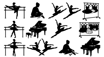 Obraz premium Ballet Dancer Silhouettes Collection, Elegant Poses, Tutus, Grand Piano, Dance Studio Elements, Vector Art