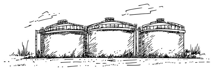Industrial storage tanks and fuel silos in landscape in hand drawn ink sketch style © Kaz