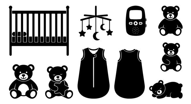 Baby nursery silhouette icons, newborn sleep gear and teddy bear collection, infant crib and nursery equipment vector set