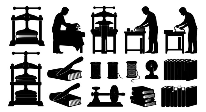 Vintage Printing Press Icons, Bookbinding Equipment Set, Silhouette Craft Tools, Historical Typography Elements, Industrial Crafting Vector Collection