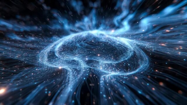 Glowing neural brain shape made of dynamic blue lines in digital style on a dark backdrop, concept of intelligence and technology