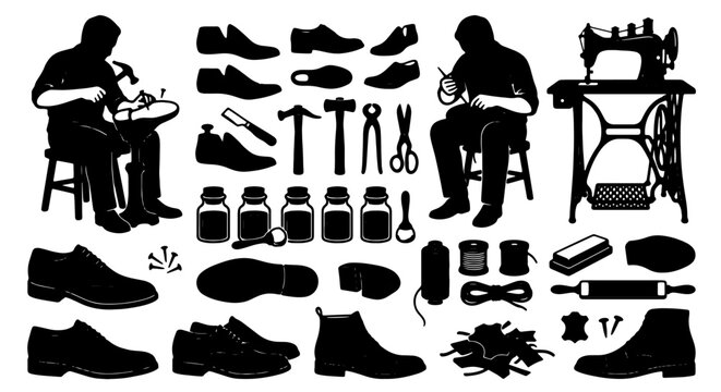 Cobbler Craftsmanship Set: Shoemaker Tools, Footwear Silhouettes, Vintage Sewing Machine, Leather Materials, Crafting Icons for Shoe Repair and Design
