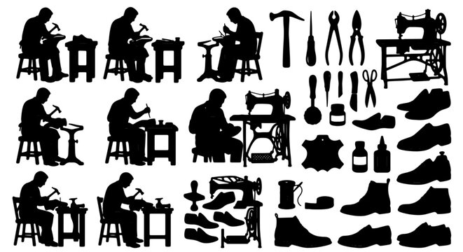 Cobbler Craftsmanship Vector Icons: Shoemaker Tools, Leather Goods, and Footwear Silhouettes for Artisanal Business and Repair Services