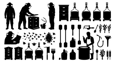 Beekeeping and honey production silhouette set, professional apiary equipment and beekeeper icons, traditional mead brewing and fermentation tools vector © Zubaraj