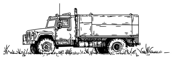 Heavy duty industrial truck parked on grass in detailed sketch style © Kaz