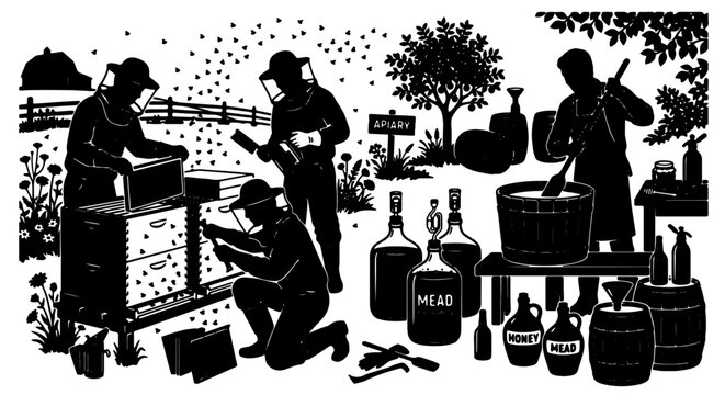 Apiary Scene Vector Set: Beekeepers Harvesting Honey, Processing Mead, and Packaging Products, Black Silhouette Illustration