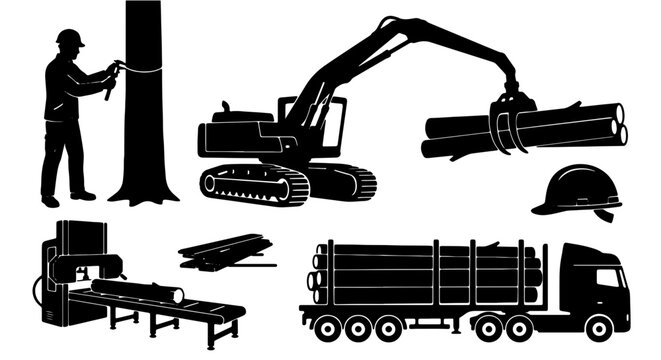 Logging Industry Vector Icons: Forestry, Timber Harvesting, Wood Processing, Heavy Machinery, Truck Transport, Construction Safety