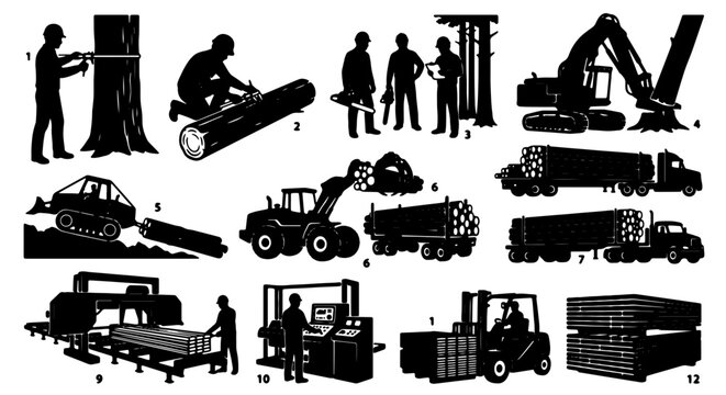 Logging Industry Icons, Forestry Equipment & Lumber Production Vector Set: Timber Harvesting, Wood Processing, Transportation & Construction Elements