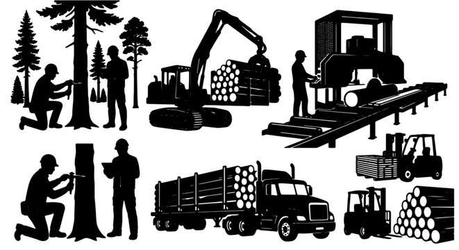 Logging Industry Vector Icons Set: Forest Harvesting, Timber Transport, Sawmill Operations, Wood Processing, Industrial Equipment, Silhouette Graphics
