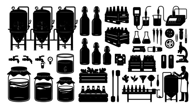 Brewery Equipment and Science Lab Icons, Fermentation Vessels, Bottles, and Tools Vector Set for Craft Beer Production and Brewing Process