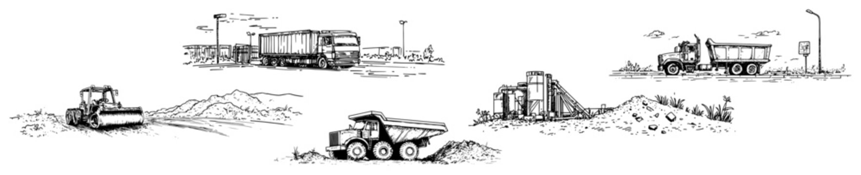 Heavy construction machinery and transport trucks at industrial sites in detailed engraving style
