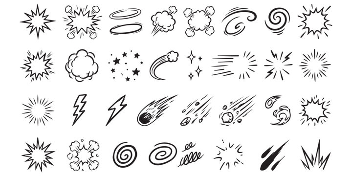 Set of hand drawn comic book action effects and explosion shapes for graphic design Vector, illustration