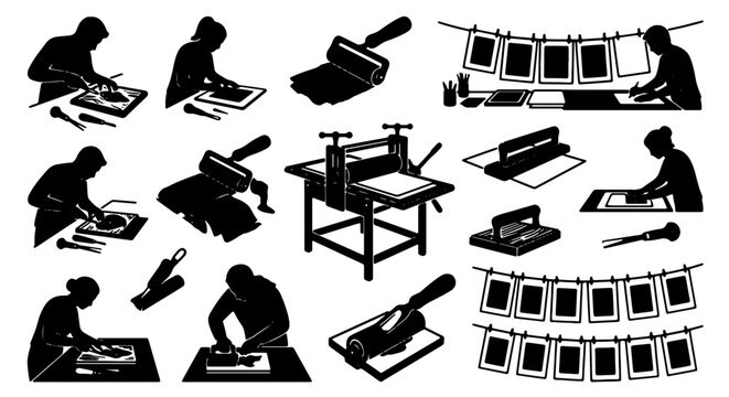 Printmaking Studio Silhouettes: Artists, Tools, and Equipment for Graphic Arts Creation, 15 Vector Elements
