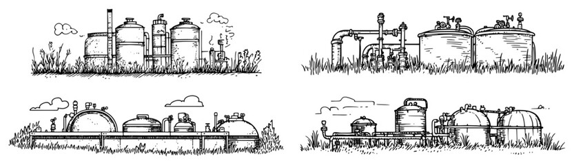 Obraz premium Industrial oil storage tanks and refinery pipe system infrastructure in hand drawn vintage sketch style