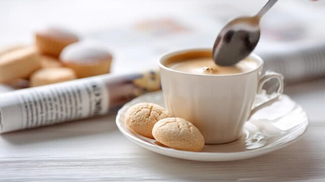 Freshly brewed coffee in a cup being stirred with a spoon, accompanied by sweet cookies and a rolled newspaper on a light table.