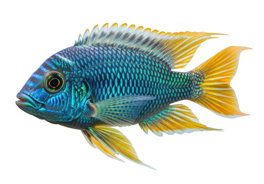 Vibrant blue and yellow cichlid fish with iridescent scales isolated on transparent background