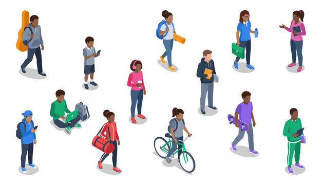 Diverse students walking and studying on campus | Isometric characters set of university or college pupils | Vector illustration design element