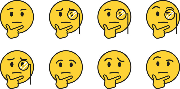 Eight yellow emoji faces expressing thoughtfulness and contemplation in a uniform style