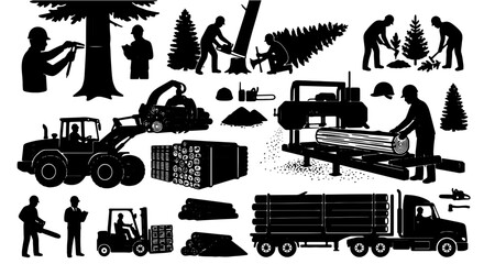 Obraz premium Lumberjack and Forestry Icons Set, Wood Industry Equipment and Timber Harvesting Vector Graphics, Logging Operations and Forest Management Collection