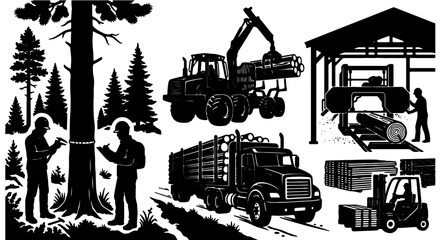 Obraz premium Forestry and Lumber Industry Icons: Logging, Sawmill, Truck, Forklift, and Forest Workers Vector Set