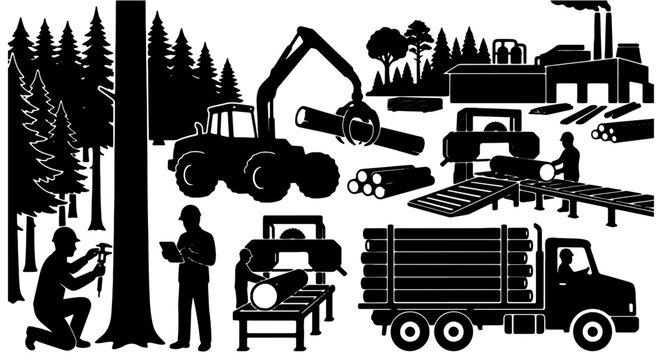Forestry and Lumber Industry Icons Set: Logging, Sawmill Operations, Timber Transport, and Wood Processing Vector Graphics