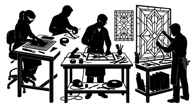 Artisan Craftsmanship, Stained Glass Workshop, Creative Design Process, Silhouette Figures Working on Decorative Panels