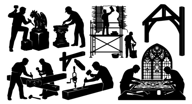 Artisan Craftsmanship Silhouettes: Stonemason, Carpenter, Sculptor, Glazier, Builders at Work, Architectural Elements, Gothic Window, Timber Frame