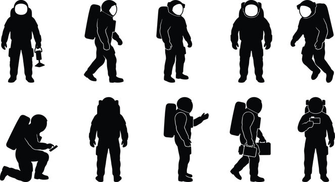 Astronauts perform various actions on a planetary surface with equipment and spacesuits.