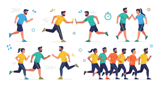 People running together in groups.