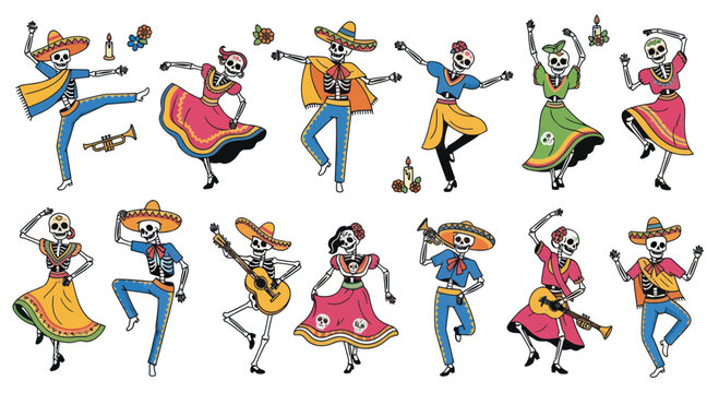 Colorful Cartoon Skeletons Dancing Together.
