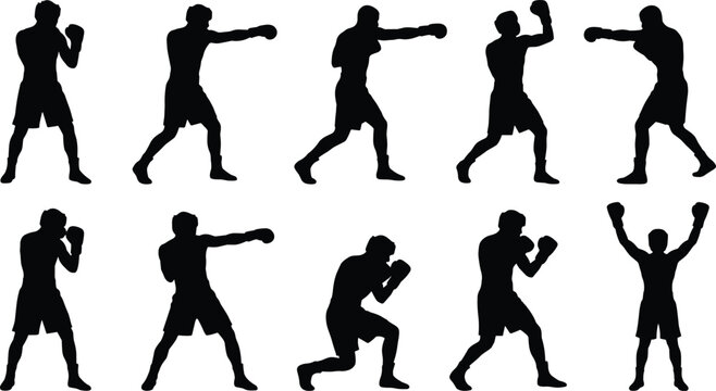 Silhouette boxing poses show dynamic movements of fighters in action, illustrating the power and agility of the sport, ideal for sports and fitness graphics