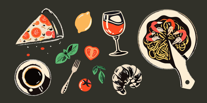 food collage with pizza pasta and wine illustrated style