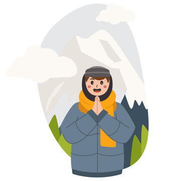 Winter Japan Tourist Flat Vector Illustration