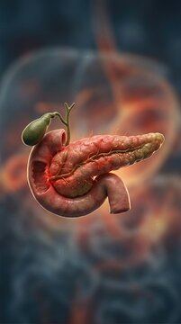 Human pancreas, duodenum, gallbladder, showing inflammation, a complex pancreatic disease, gastrointestinal system health issue, medical anatomy concept