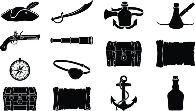 Classic pirate adventure black silhouette icon collection, featuring iconic hats, weapons, navigation tools, and treasure, perfect for themed graphic design