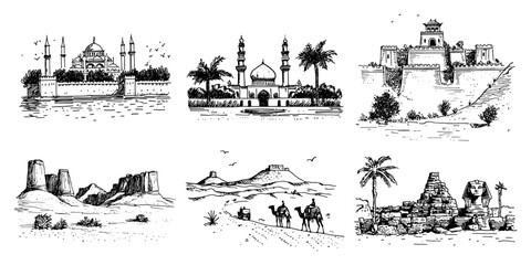Fototapeta premium Middle Eastern landmarks and desert landscapes featuring mosques pyramids and camel caravan in black and white sketch style