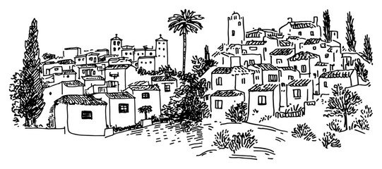 Mediterranean coastal village with traditional white houses and palm trees in sketch style © Kaz