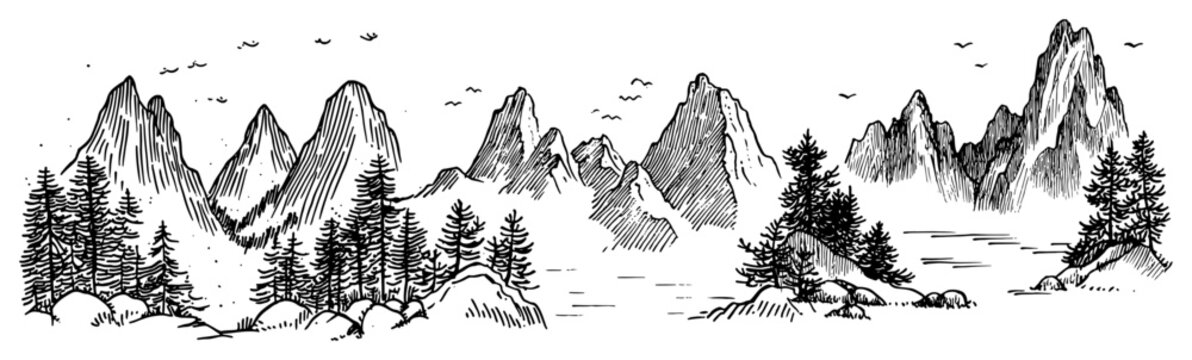Mountain range landscape with pine trees and lake in vintage engraving style