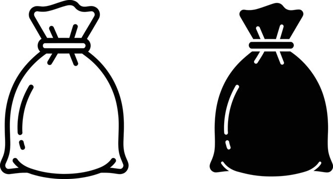 Drawings of a drawstring bag in outline and solid fill on a white background