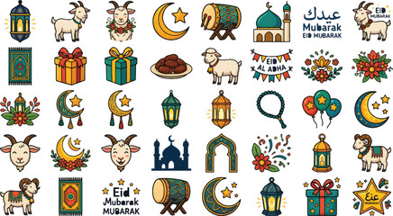 Obraz premium Eid Mubarak celebration icons set with colorful illustrations in festive joyful lighting on white background for greeting card