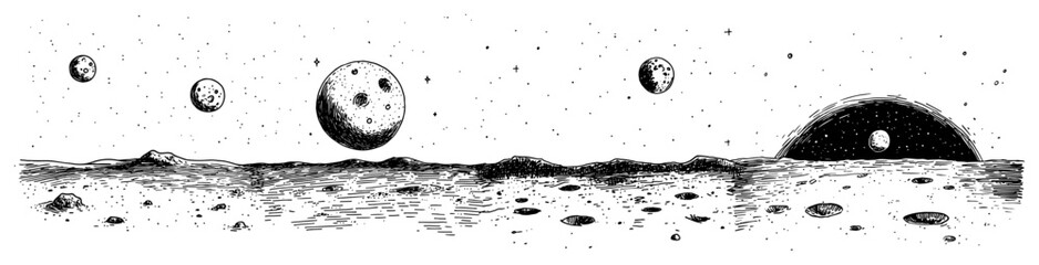 Barren moon surface landscape with craters and multiple planets in starry sky vector sketch in engraving style © Kaz