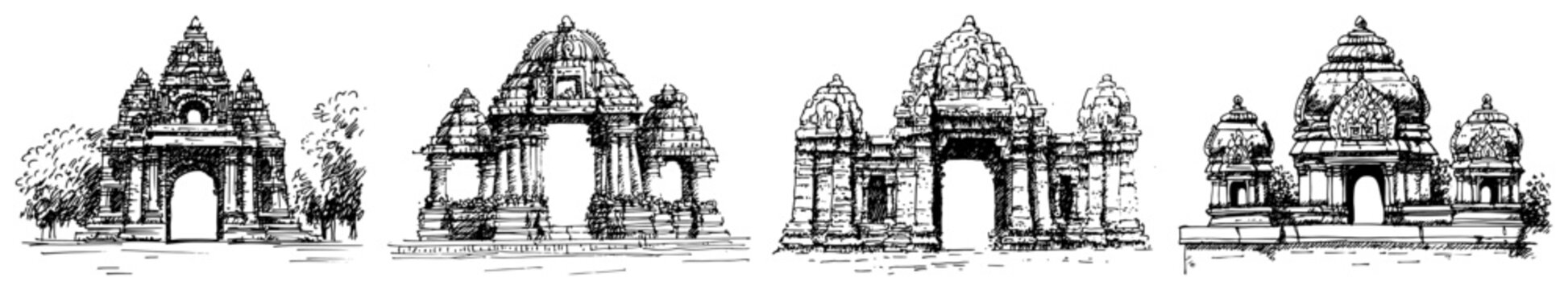 Ancient Hindu temple gates and stone portal facades set vector line art sketch