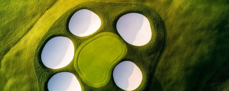 Aerial Top-Down Vibrant Golf Green enclosed by five geometric white sand bunkers with raked patterns, an abstract landscape of challenging course design. Golf course, Geometry